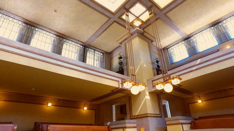 interior of unity temple with restored wood